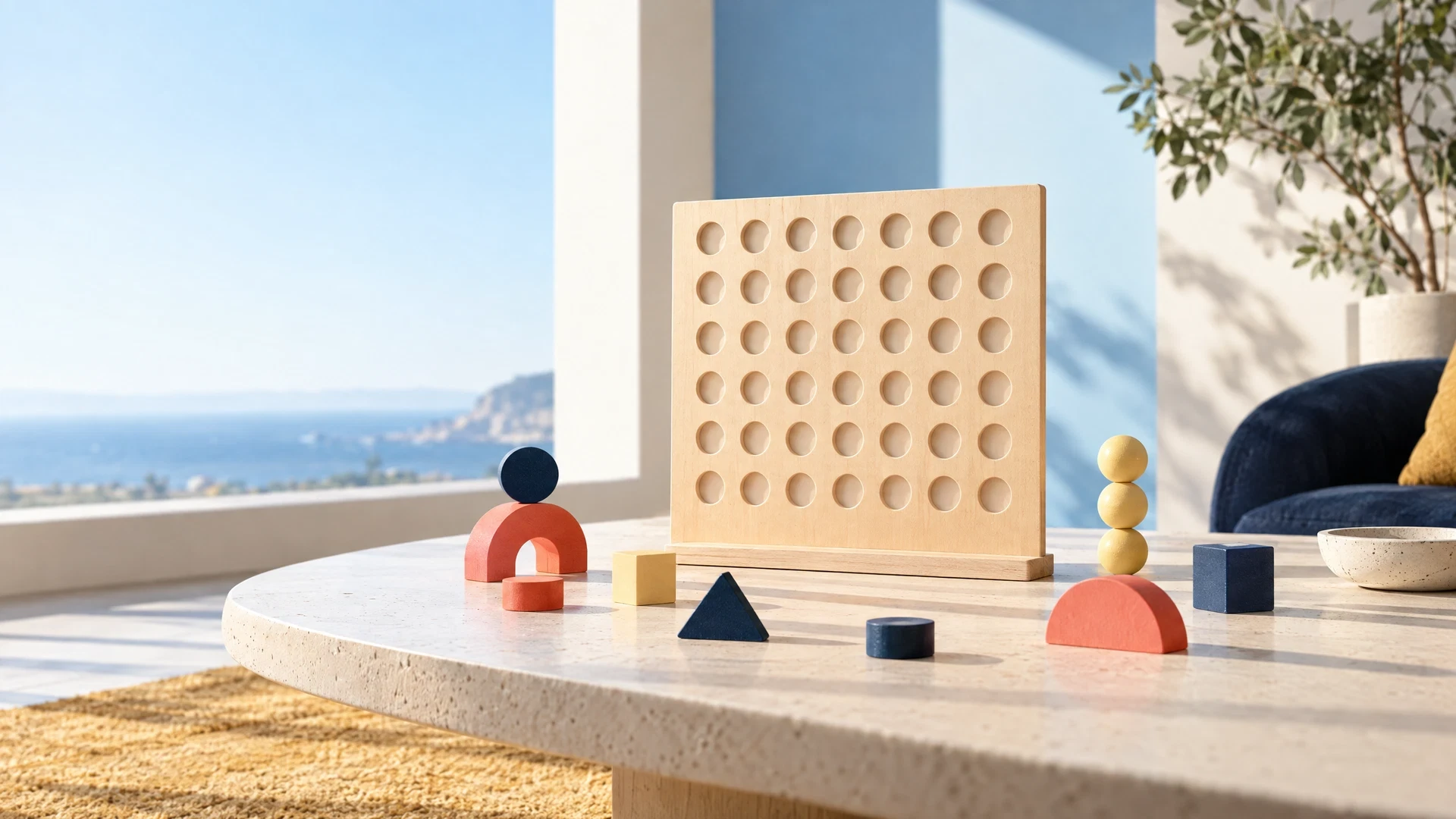 Sculptural blank game board with abstract colorful wooden pieces
