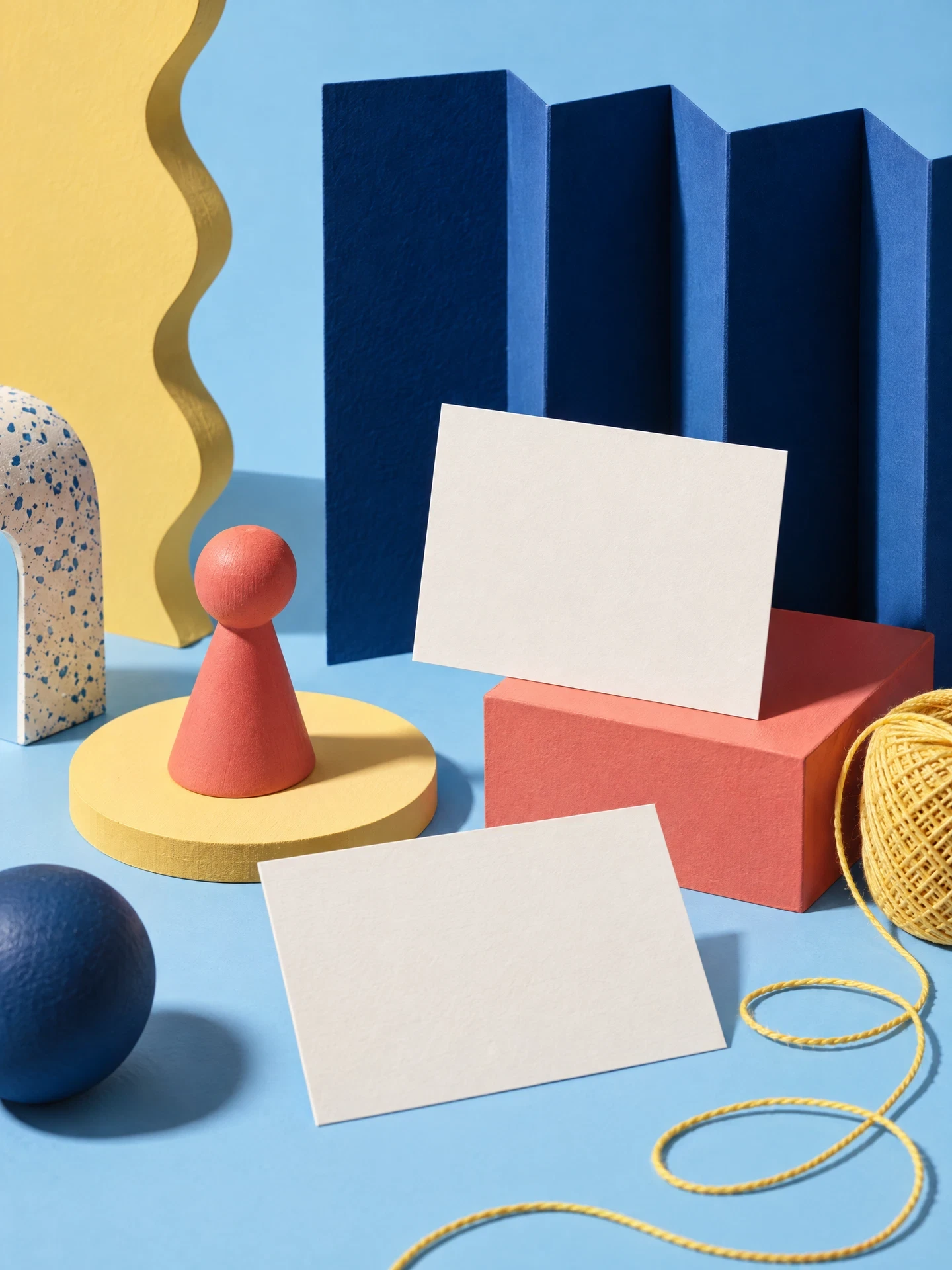 Blank cards coral pawn blue board and yellow thread