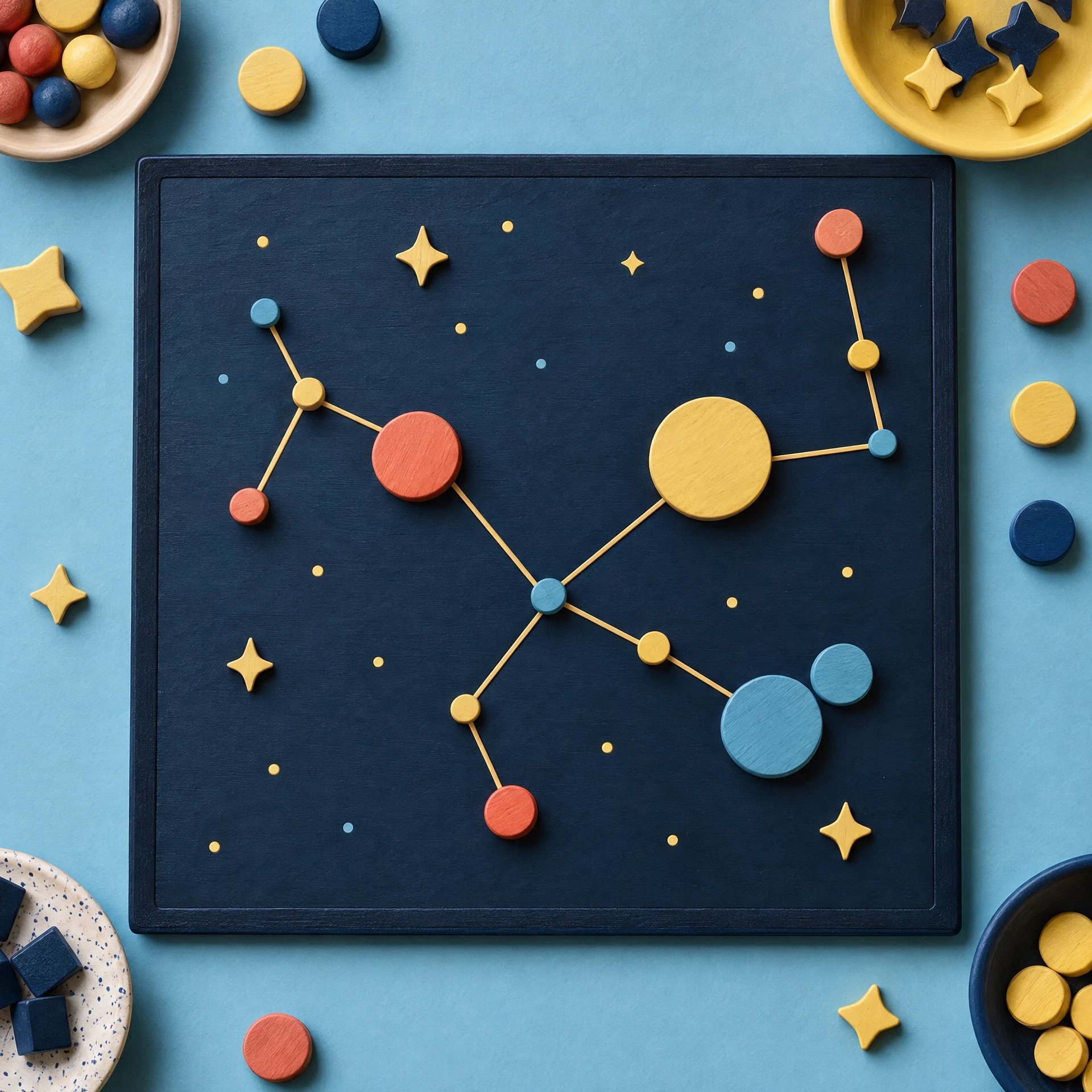 Abstract unmarked tabletop board with wooden pieces as constellation