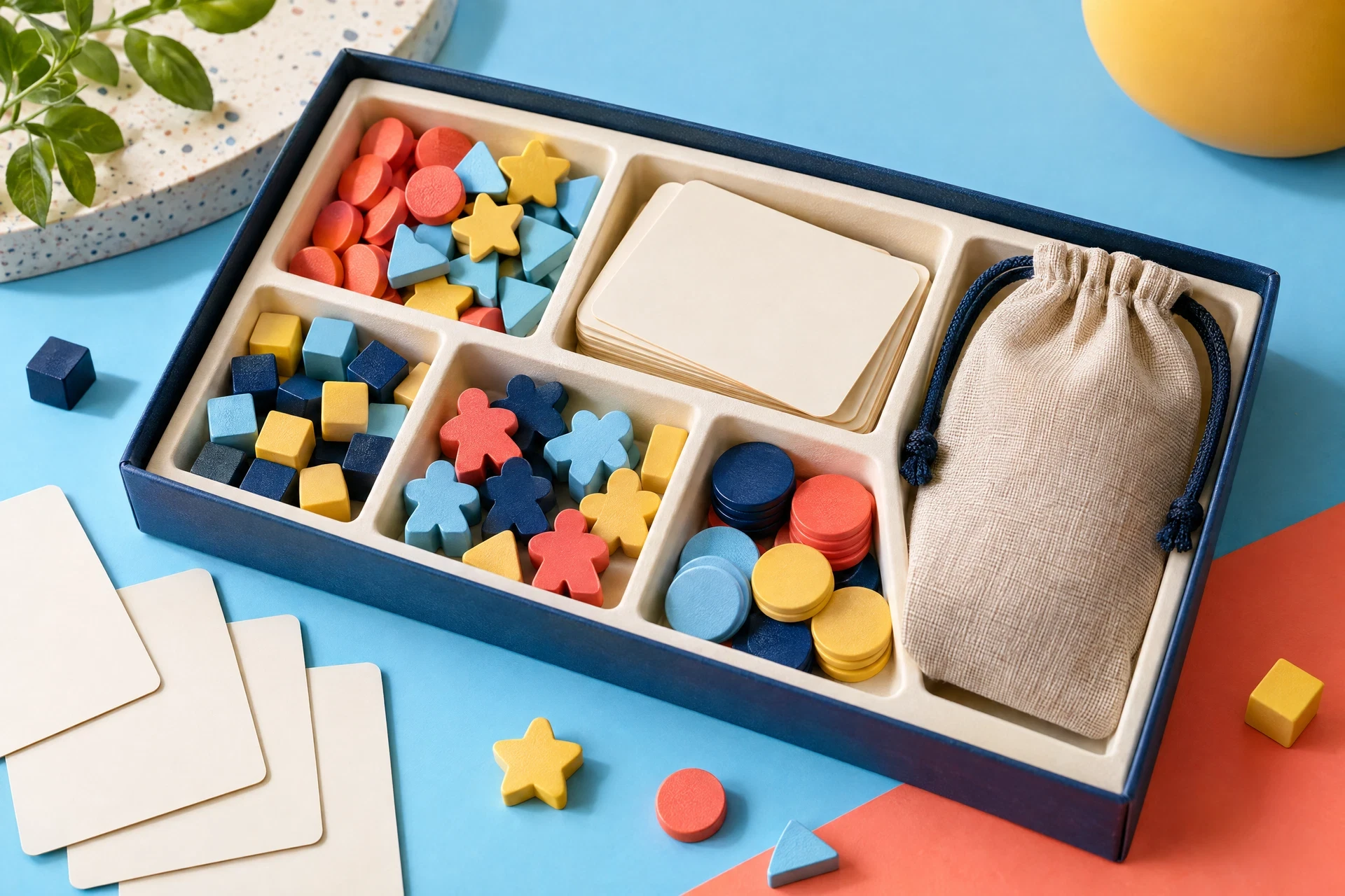Open tray of colorful unbranded tabletop pieces and blank cards