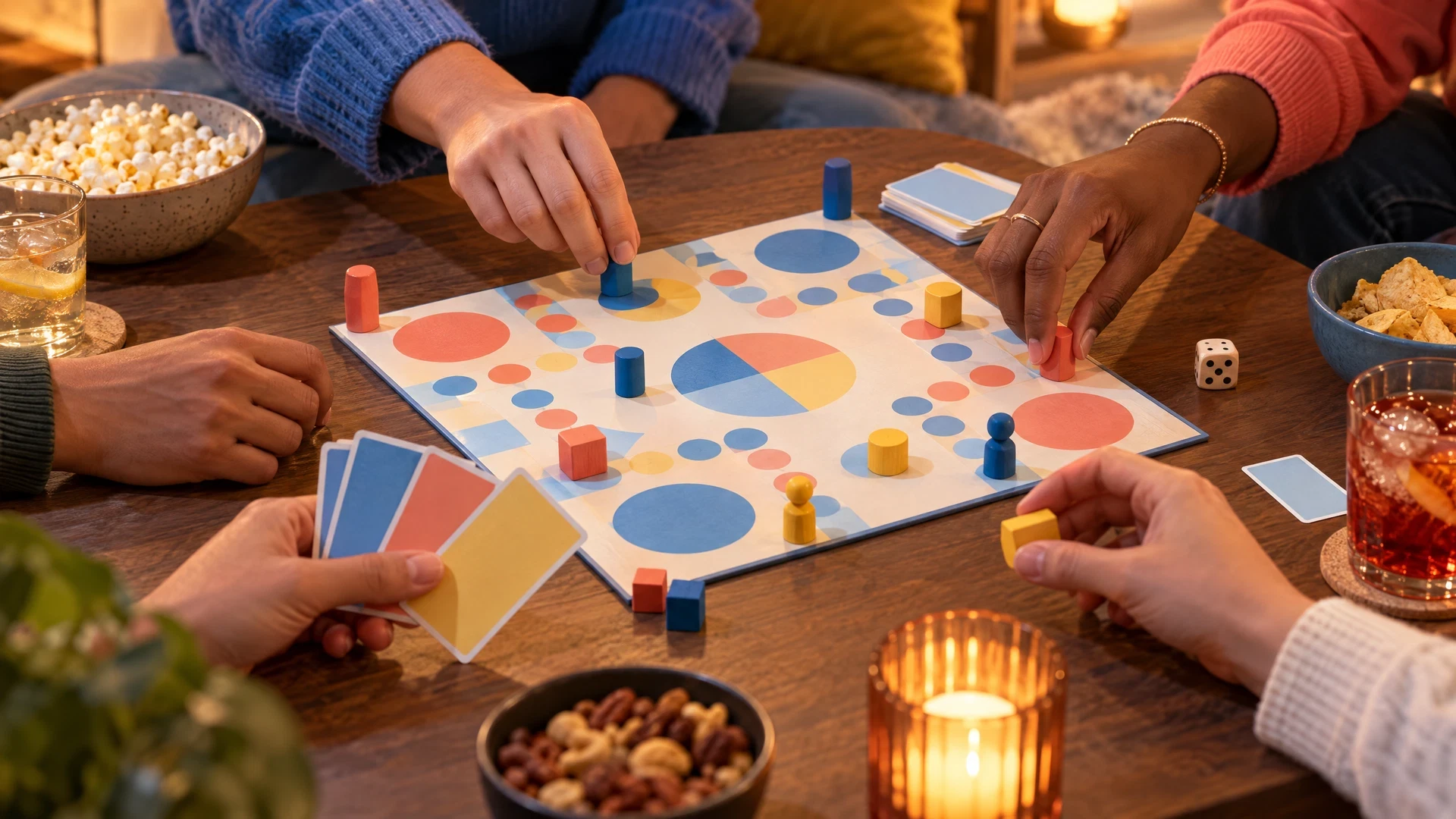 Hands around a plain abstract game board in warm evening light