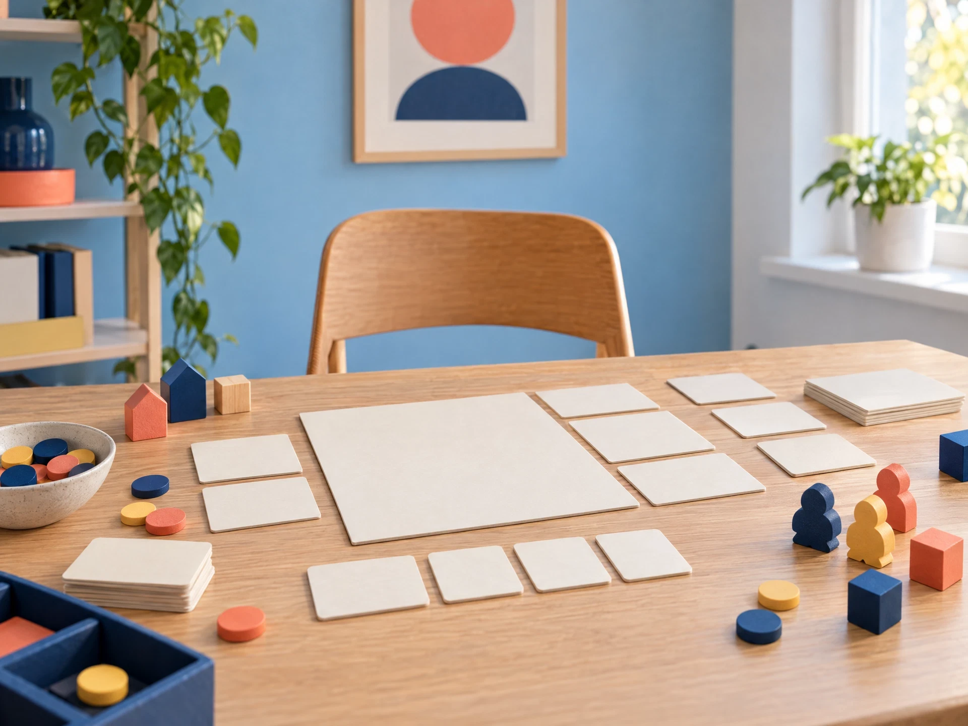 Blank paper board tiles wooden pieces and empty tabletop chair