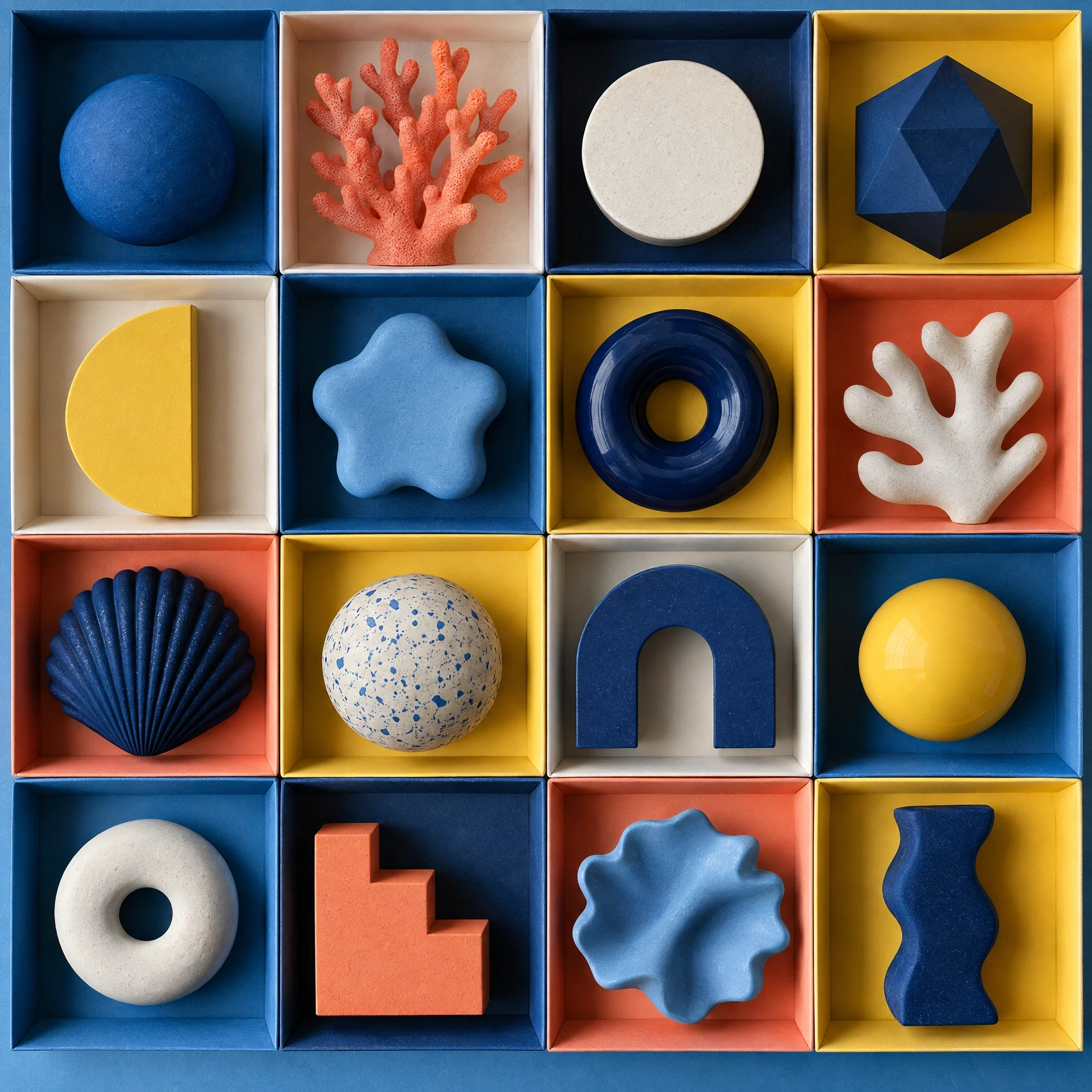Abstract tabletop pieces arranged in paper compartments
