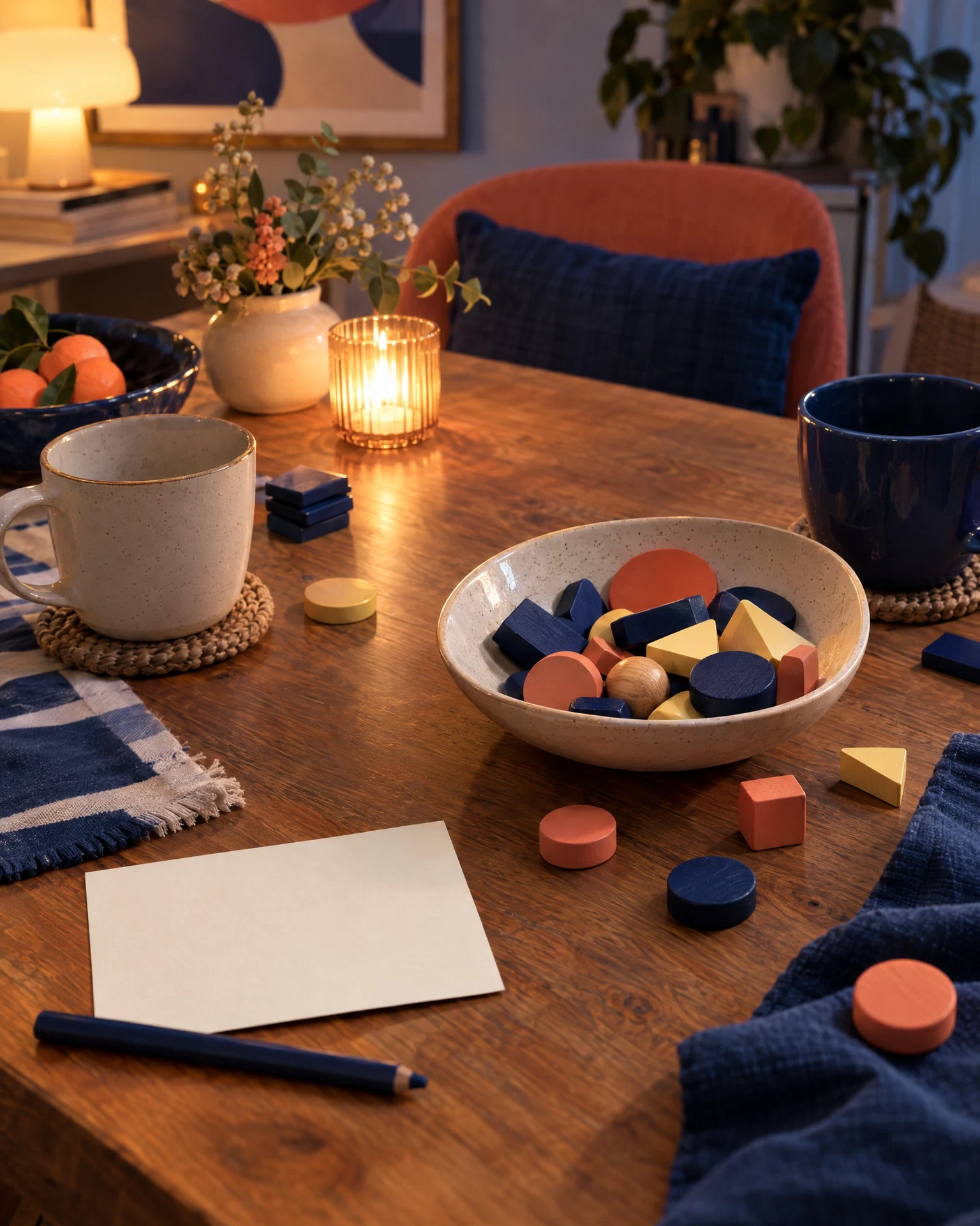 Quiet tabletop after play with gathered components and blank note